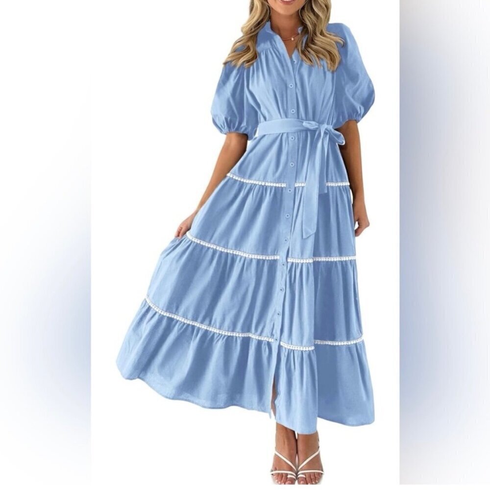 PRETTYGARDEN Summer Button Up Size Medium Bric Brac Maxi Dress Blue White Pom
